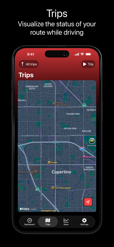 Écran des trajets de l'application Scooter Tools montrant la visualisation de l'itinéraire sur une carte en mode sombre