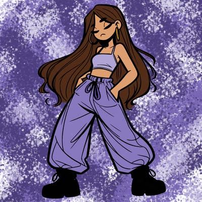 girl in baggy pants crop top and long hair