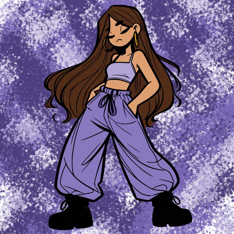 girl in baggy pants crop top and long hair