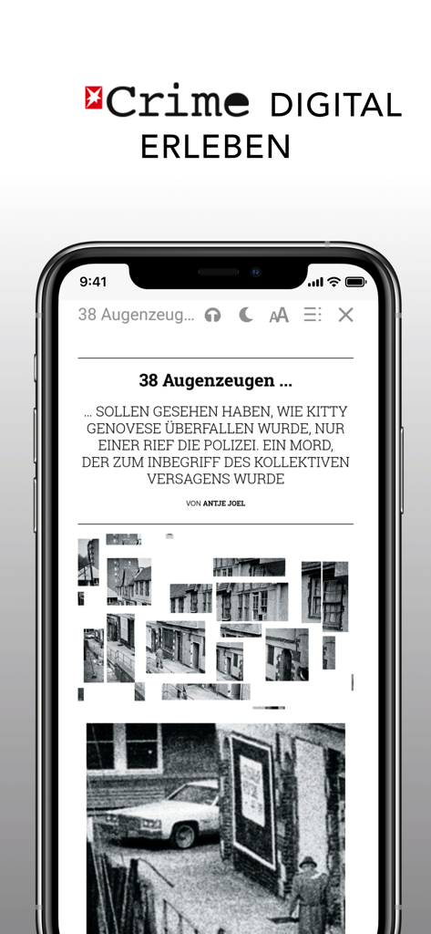 Smartphone che mostra un lungo articolo di vera criminalità nell'interfaccia dell'app stern Crime Magazin.