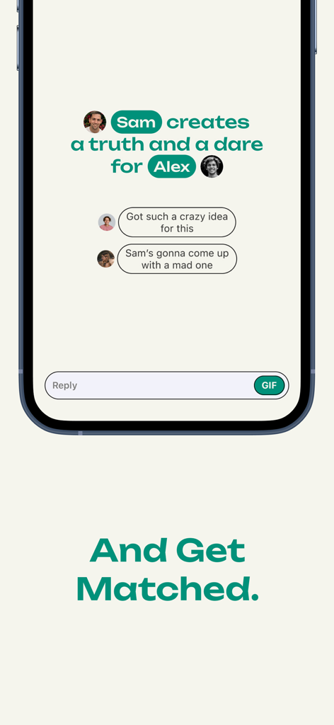 TryMe: Truth Or Dare - Die Benutzeroberfläche der TryMe-App zeigt einen Benutzer namens Sam, der eine Wahrheit und Pflicht-Challenge für Alex erstellt
