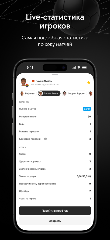 ГОЛ - результаты матчей онлайн - Mobile screen showing detailed live soccer player statistics and AI ratings for Lamine Yamal