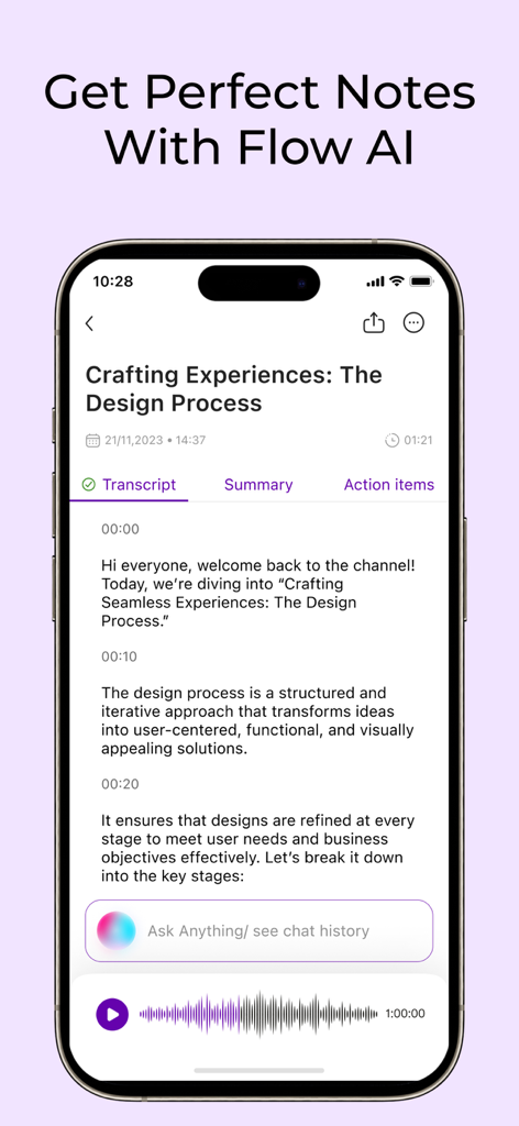 Flow AI: Voice Note Taker App - Flow AI app interface showing a voice note transcript with timestamps and playback controls on an iPhone