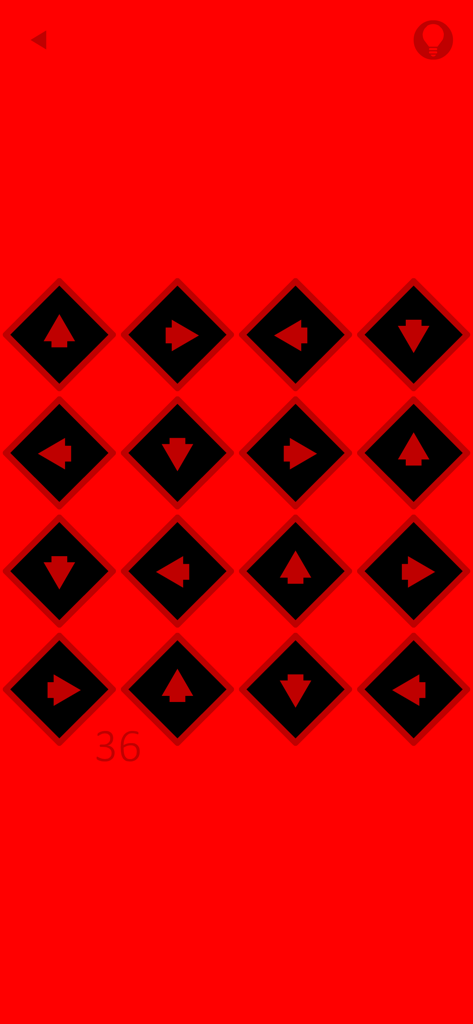 red (game) - A minimalist puzzle level from the game red featuring a grid of black diamonds with red arrows on a solid red background.