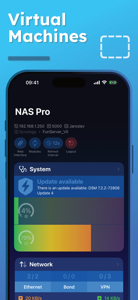 NAS Pro app dashboard on iPhone showing system health and network monitoring for a Synology server