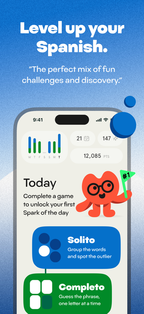 Unedo: Spanish Games + Stories - Unedo app screen showing daily Spanish word puzzles and progress dashboard