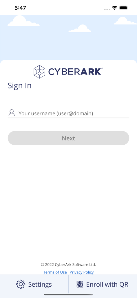 CyberArk Identity - Sign in screen for the CyberArk Identity mobile app asking for a username