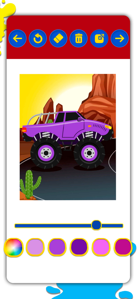 Cars Coloring Pages Collection - Interface de livro de colorir digital com um monster truck roxo em uma paisagem desértica com uma paleta de cores na parte inferior.