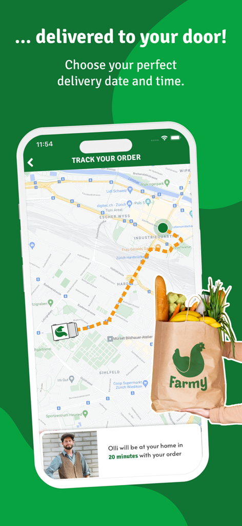 Farmy app screen showing real time order tracking on a map and a notification of the delivery person arrival