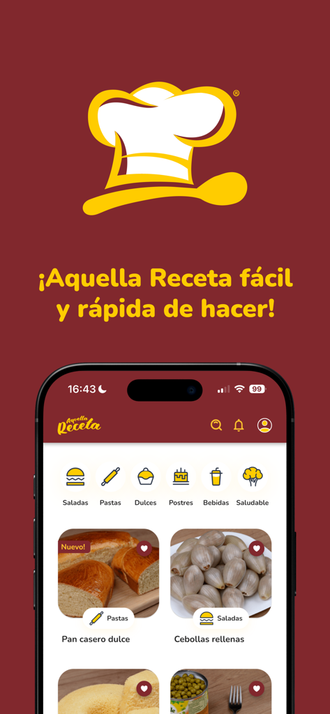 Aquella Receta - Interfaz de la aplicación Aquella Receta mostrando un logo de gorro de chef y categorías de pastas, postres y recetas saludables en español