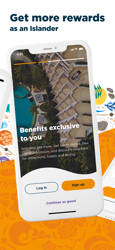 MySentosa - Pantalla de bienvenida de la aplicación MySentosa destacando recompensas exclusivas de Islander y beneficios de viaje.