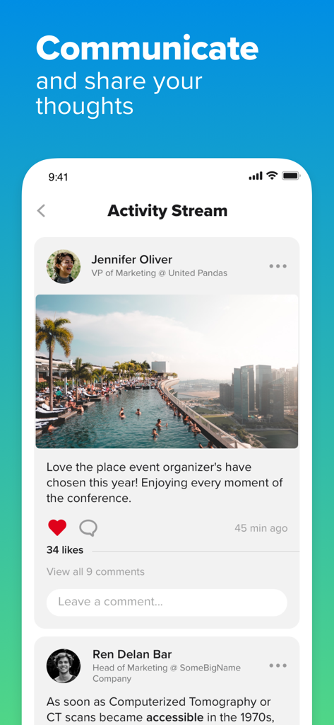 PINE Events - PINE Events mobile app activity stream showing attendee posts and social interactions during a conference.