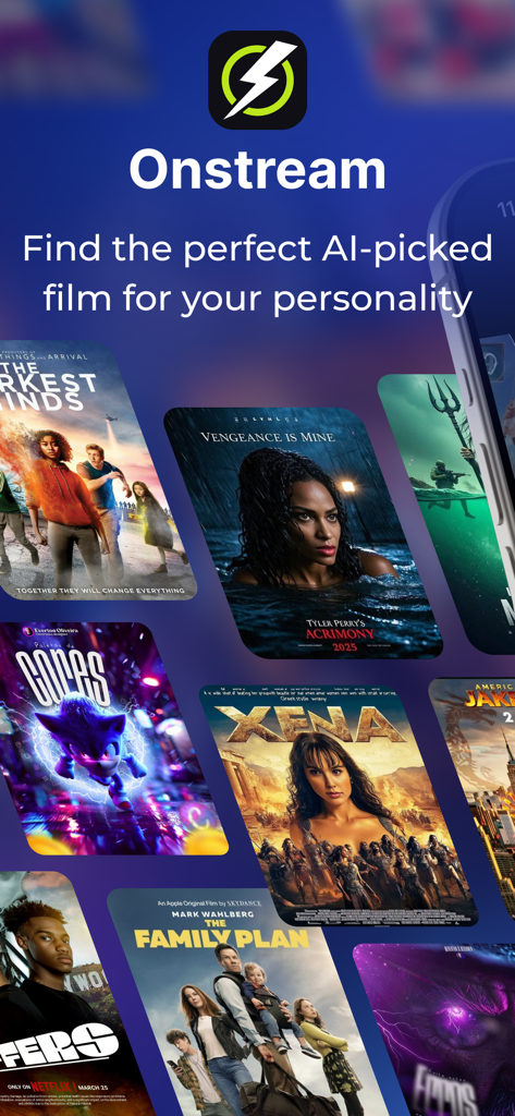 Onstream app interface showing movie posters and AI-picked film recommendations based on personality