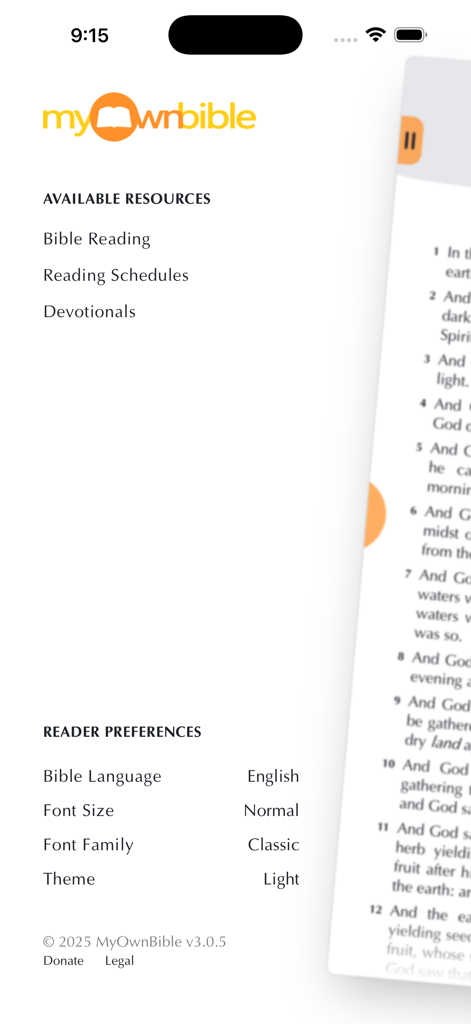 MyOwnBible - MyOwnBible app sidebar menu displaying available resources like bible reading and devotionals along with reader preferences for language and font settings