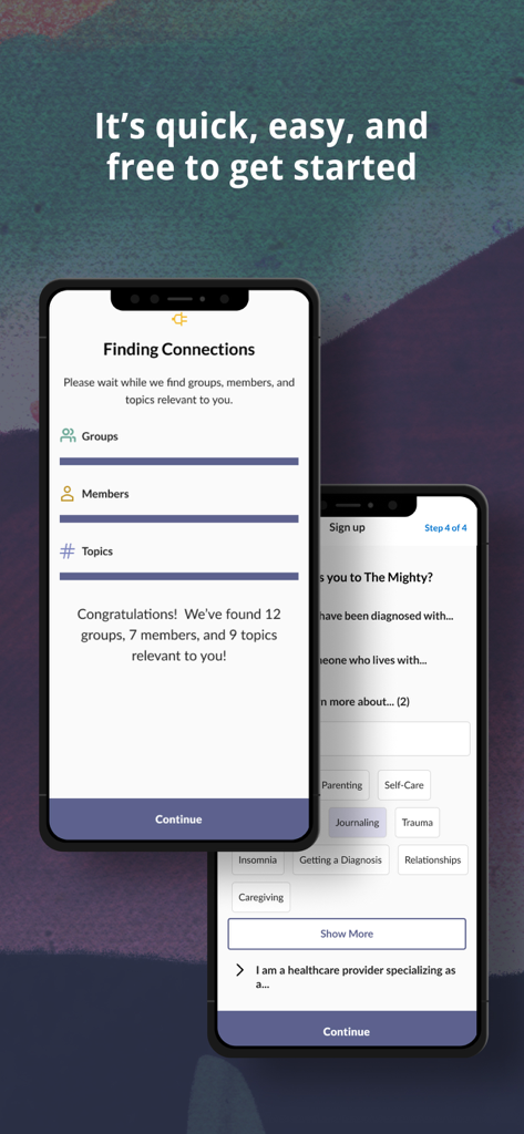 Two phone screens showing the onboarding process of The Mighty app including health topic selection and community matching.
