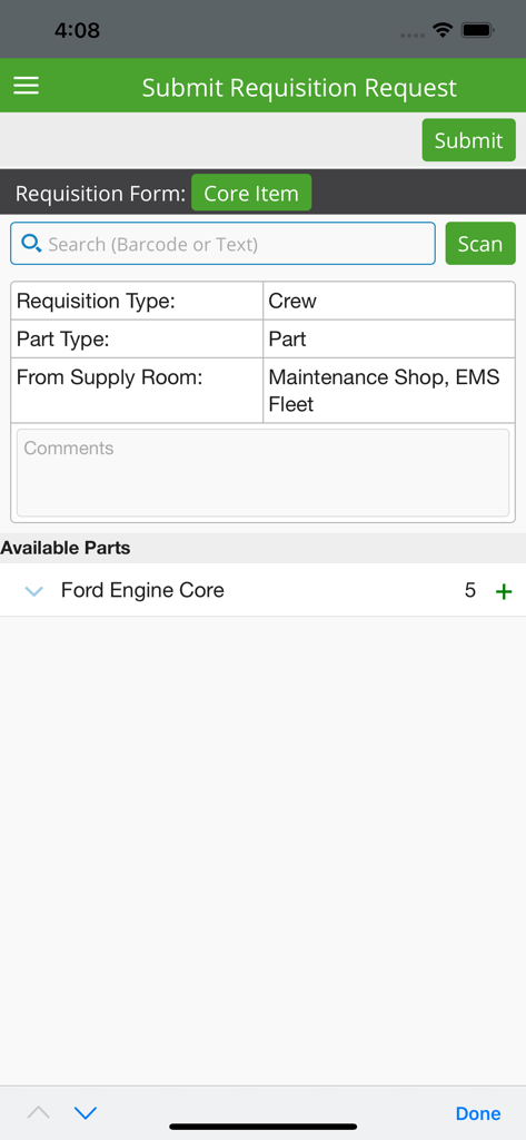 Operative IQ Mobile - Submit Requisition Request screen on the Operative IQ Mobile app showing parts inventory for the maintenance shop