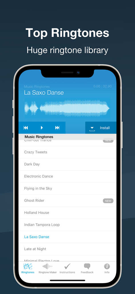 Ringtones for iPhone: Ring App - Interface de l'application iPhone affichant une liste des meilleures sonneries et une forme d'onde musicale sélectionnée avec un bouton d'installation