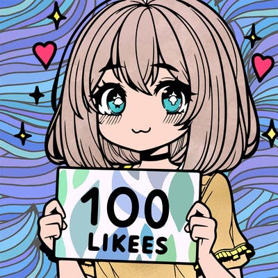 anima girl holding a 100 likes sign in her hand