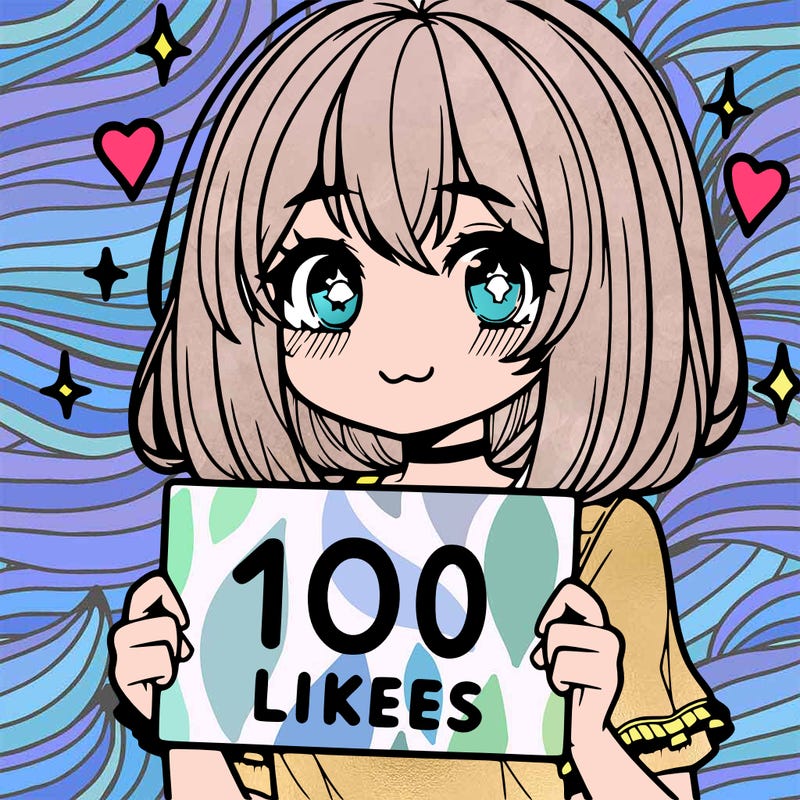 anima girl holding a 100 likes sign in her hand