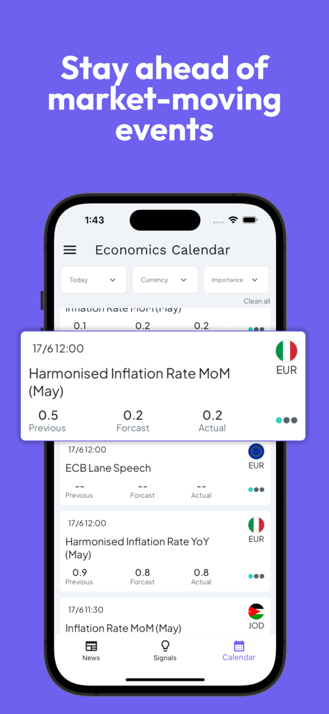 Interface do calendário econômico do aplicativo Alerta mostrando eventos que movem o mercado e dados financeiros