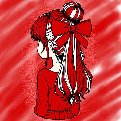 realistic girl  with hip length hair a bun and a big bow on the back of head