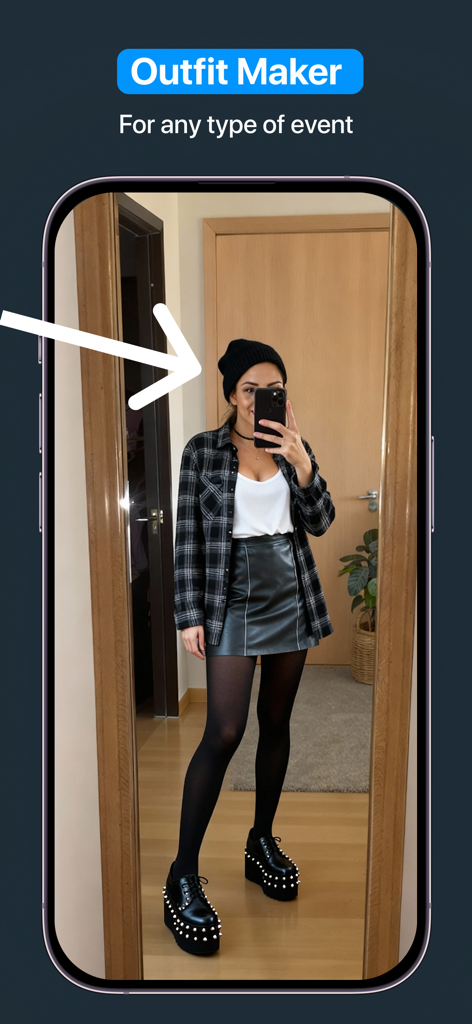 Woman in a mirror selfie previewing a stylish outfit for an event using the Outfit Maker AI app