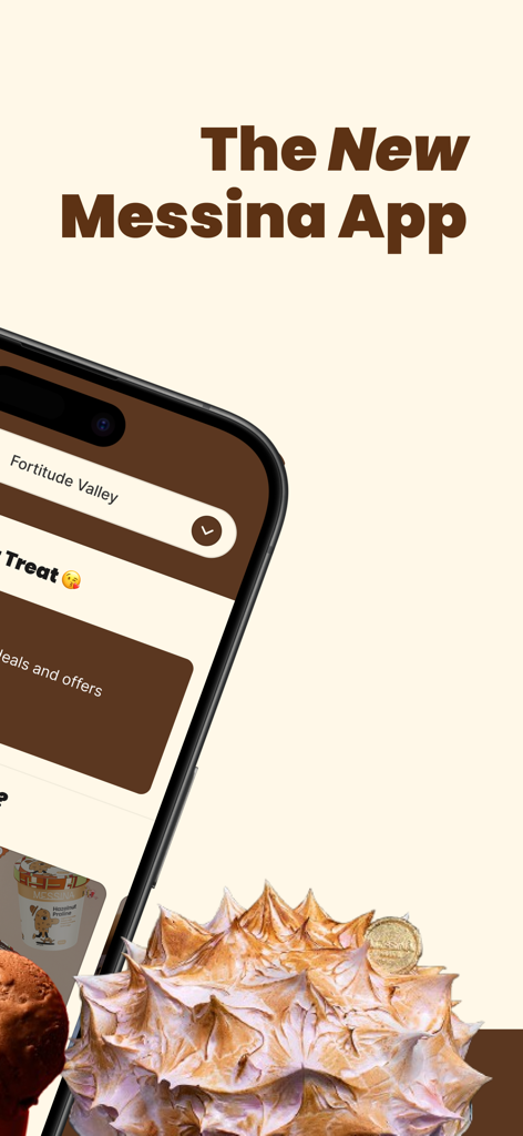 Gelato Messina - The new Gelato Messina app interface shown on a mobile phone next to a decorated gelato cake