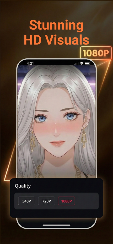 A screenshot of the ToonShort app showing a high-definition anime character with 1080P video quality selection.