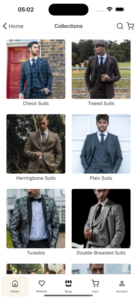 TruClothing.com - TruClothing app displaying various men's suit categories including check tweed and herringbone styles