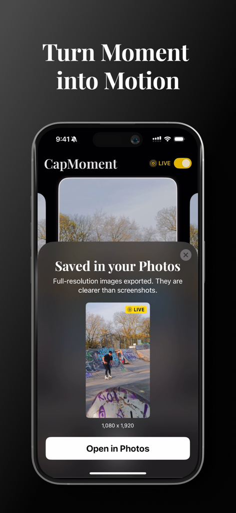 CapMoment - Video to Live - A mobile app interface showing a high resolution live photo exported from a video for an iPhone lock screen