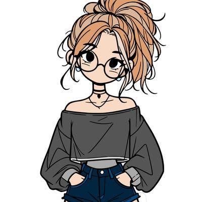 girl with a messy ponytail glasses a baggy crop top and jean shorts