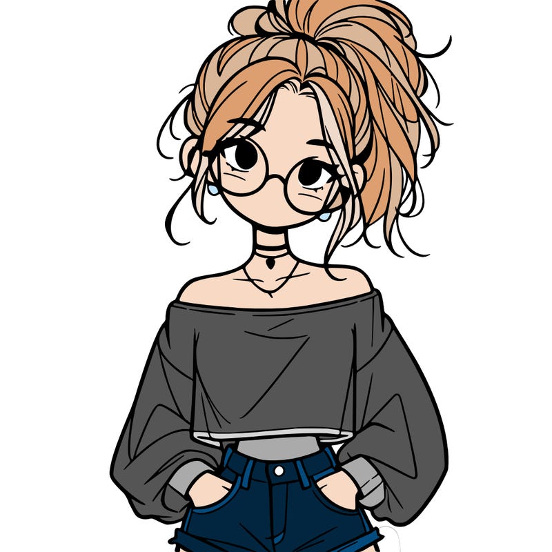 girl with a messy ponytail glasses a baggy crop top and jean shorts