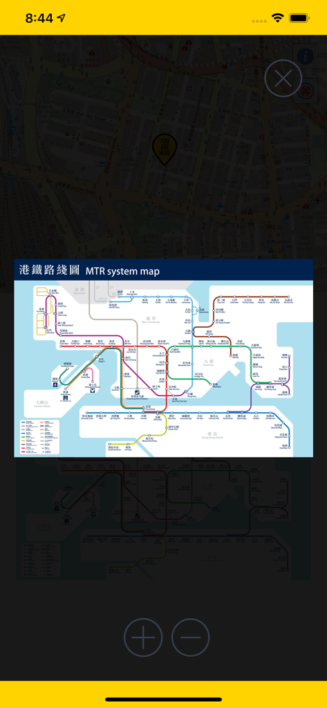 HK BUS - 香港巴士 - A digital map of the Hong Kong MTR system displayed as an overlay within the HK BUS navigation app