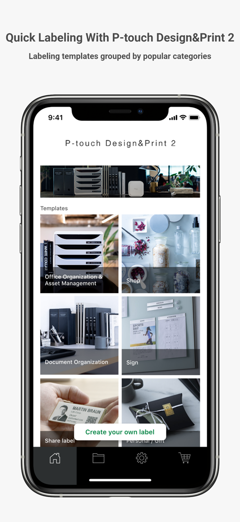 Brother P-touch Design&Print 2 - Brother P-touch Design and Print 2 app showing label template categories for office shop and gifts