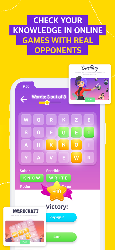 EWA app interface featuring online word games and duels with real opponents
