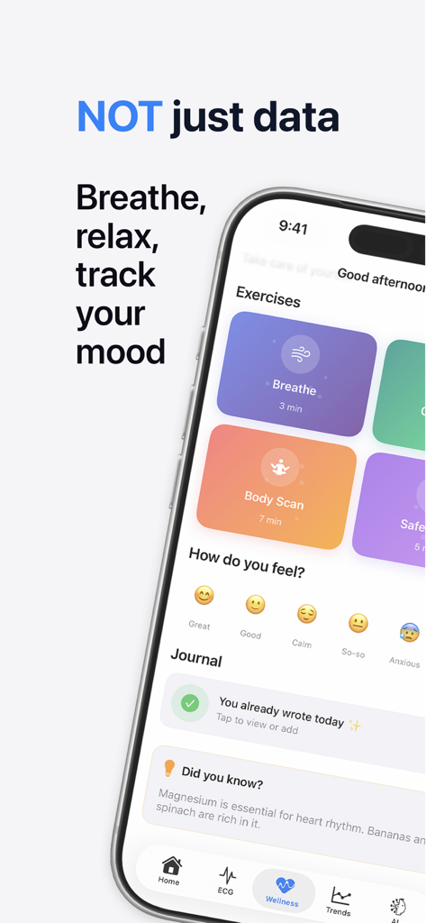 HeartLab app interface showing mood tracking and breathing exercises