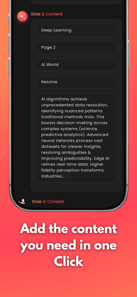 AI Slides: PPT Deck Builder - Smartphone interface of the AI Slides app showing an automatically generated presentation slide with text about AI algorithms and deep learning