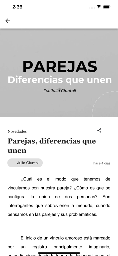 Artículo de blog de psicología sobre relaciones de pareja en la aplicación móvil Red-i Portal Paciente