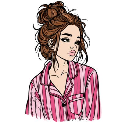 realistic woman with pajamas on and a messy bun
