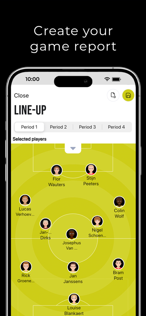 PSD.io app interface showing a soccer team line-up with player avatars on a tactical pitch diagram.