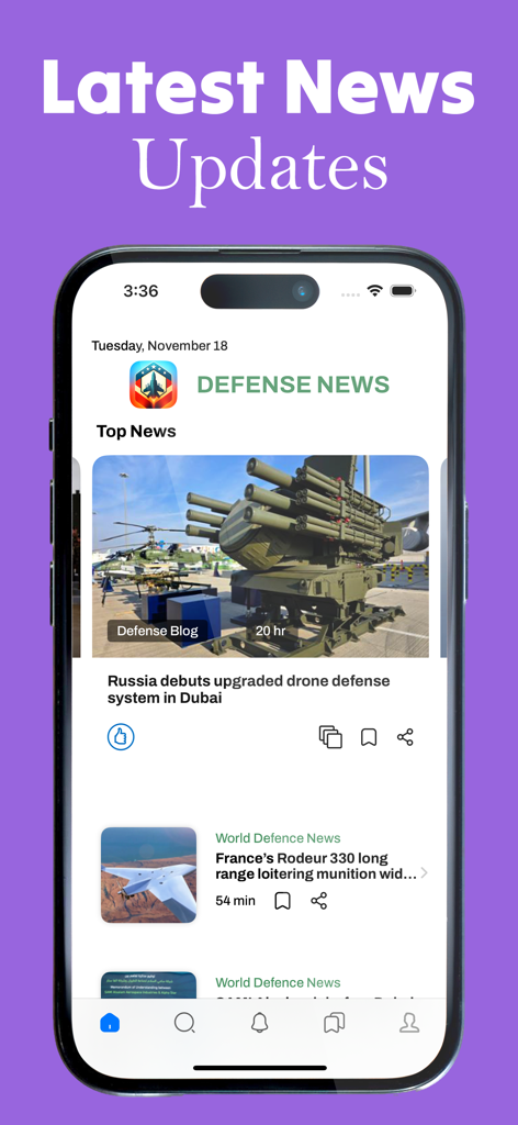 Defense & Military News - The latest news updates screen of the Defense and Military News app on an iPhone.