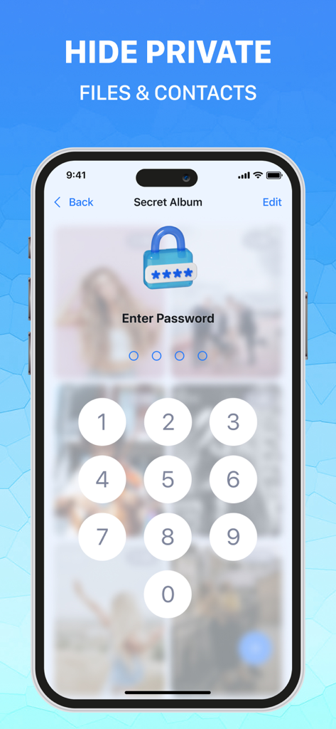 Opti Cleaner & Optimizer - An iPhone screen displaying the secret album feature with a password keypad and a lock icon to hide private files and contacts.