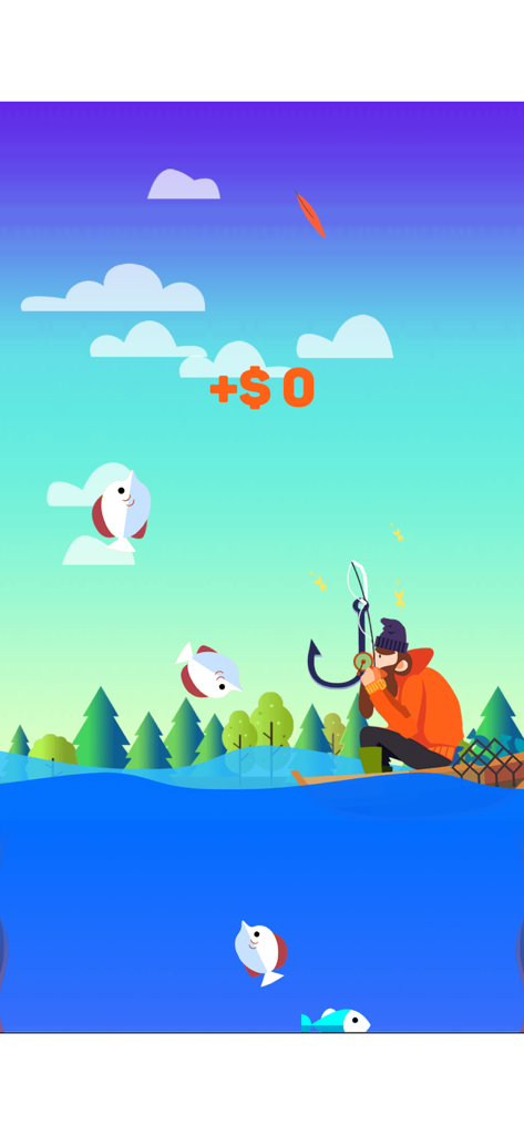 Tiny Fishing - A fisherman in an orange jacket on a boat casting a line in the Tiny Fishing mobile game