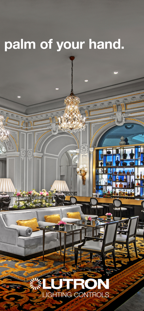 Lutron App - Luxurious interior lounge with elegant chandeliers and professional lighting scenes controlled by Lutron