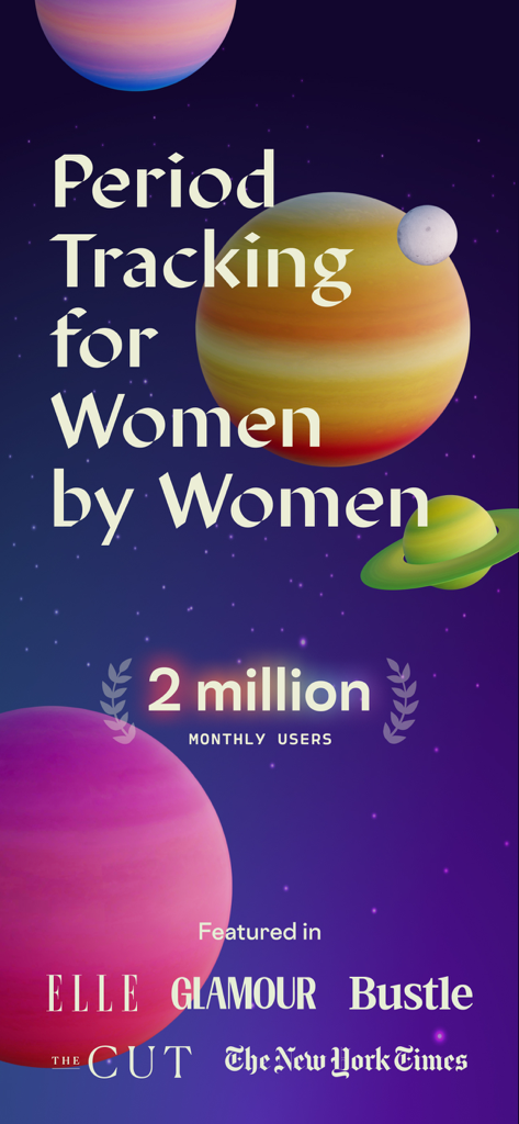 Stardust Period Tracker - Pantalla de introducción de Stardust Period Tracker con el lema Rastreo de Período para Mujeres por Mujeres, imágenes cósmicas de planetas y logotipos de medios.