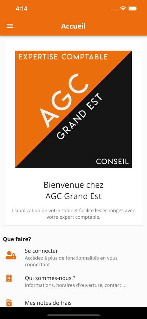 The home screen of the AGCGE comptabilité mobile application showing the AGC Grand Est logo and navigation menu.