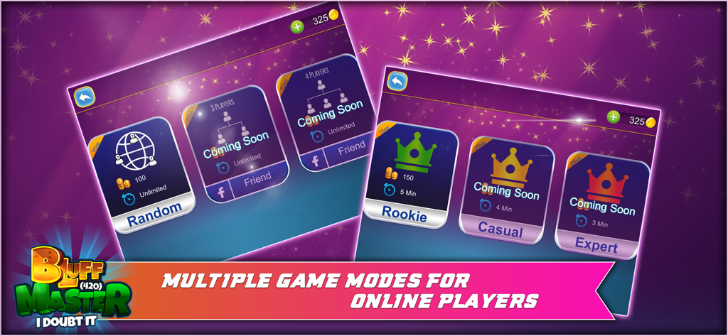 Bluff Master (420) - Interface of Bluff Master 420 showing multiple online game modes and player skill levels