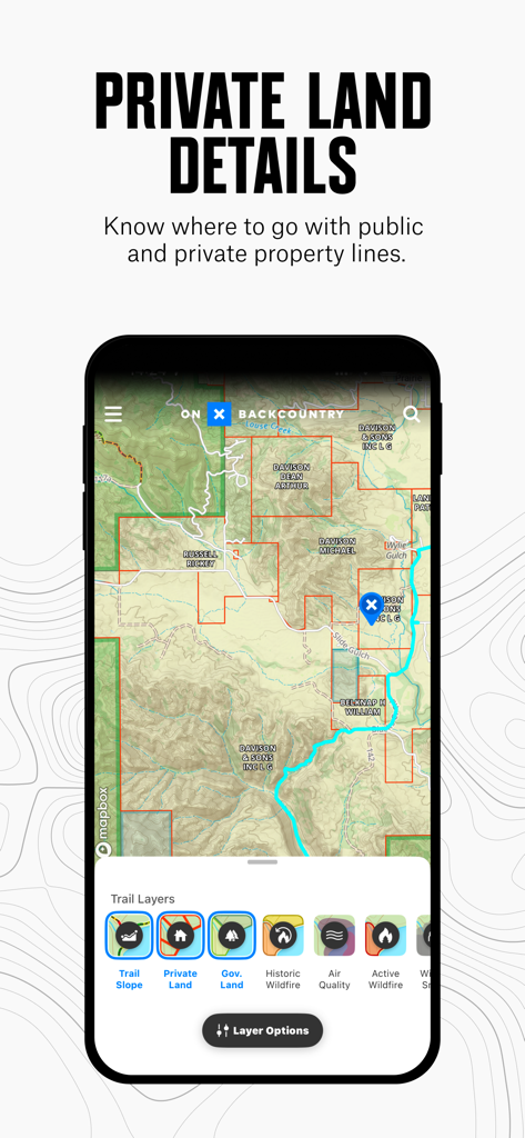 A smartphone showing the onX Backcountry app with private and public land property boundaries on a topographic map.