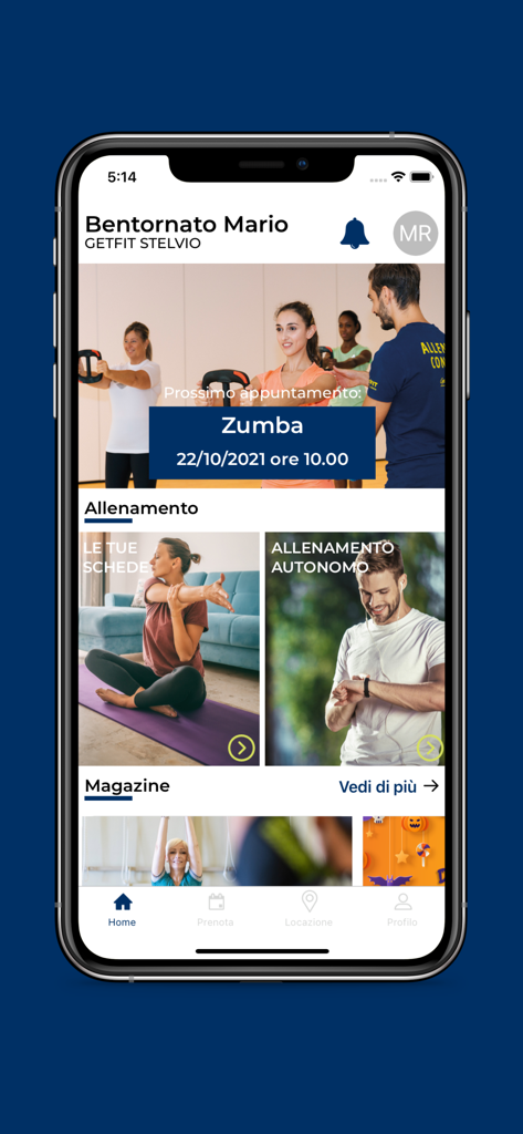 GetFIT Lifestyle - Schermata principale dell'app GetFIT Lifestyle che mostra la prossima lezione di Zumba e le opzioni di allenamento