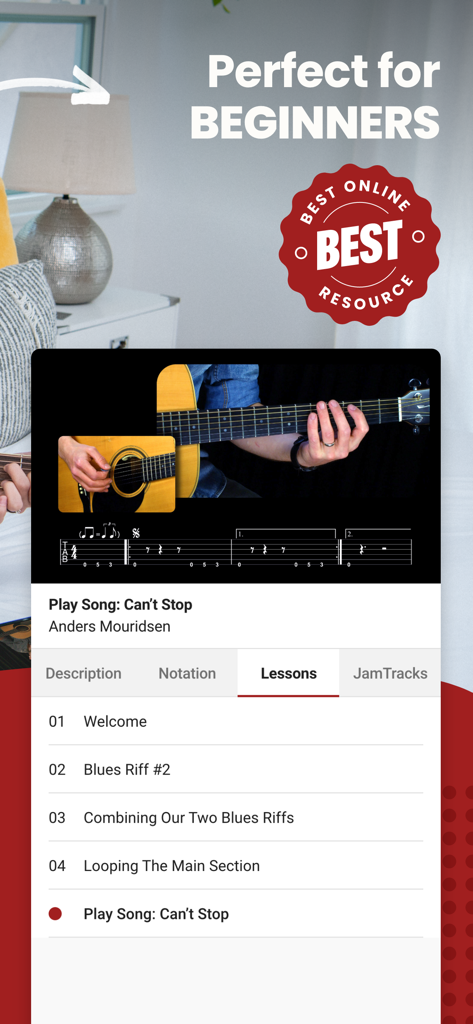 Guitar Lessons - Guitar Tricks - Interfaz de la aplicación Guitar Tricks que muestra una lección en video para principiantes y una lista de módulos del plan de estudios